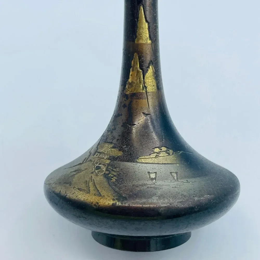 Vintage Japanese Bronze Ikebana Flower Vase Heavy Cast Metal Footed Vessel MCM